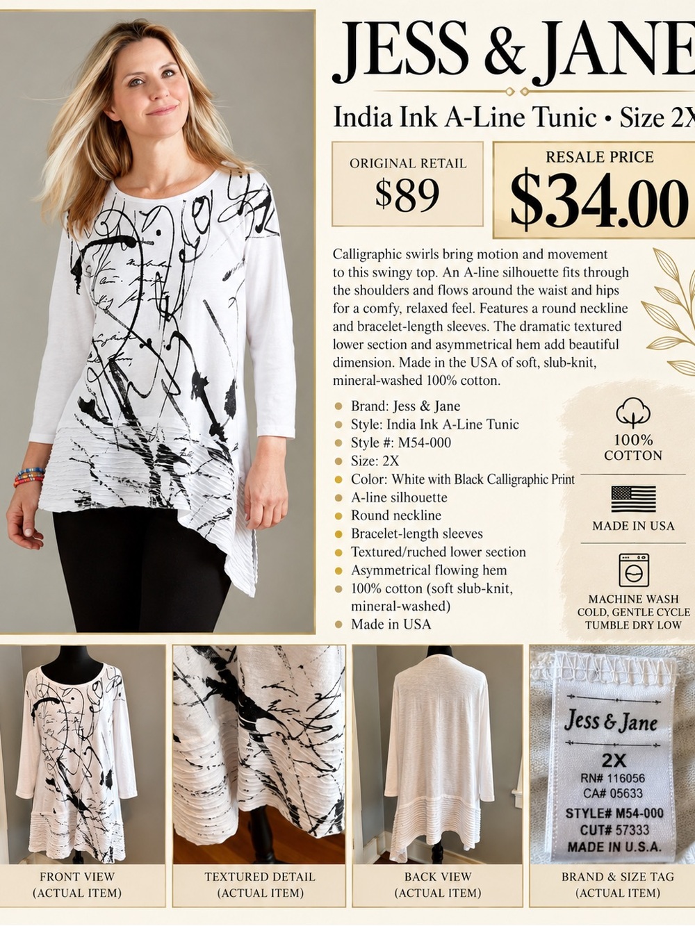 Jess & Jane White A-Line Tunic with Black Calligraphic Print